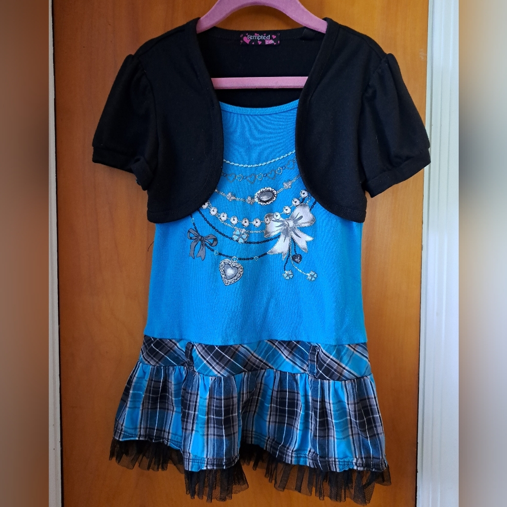 Blue and Black Dress with Plaid Skirt